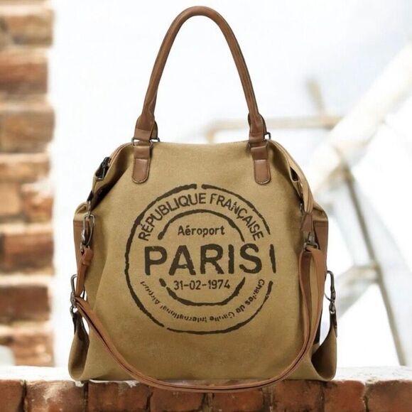 NWT PARIS Graphic Tan Beige Black Pu Leather Crossbody Handbag Shoulder Tote Bag - Picture 1 of 10